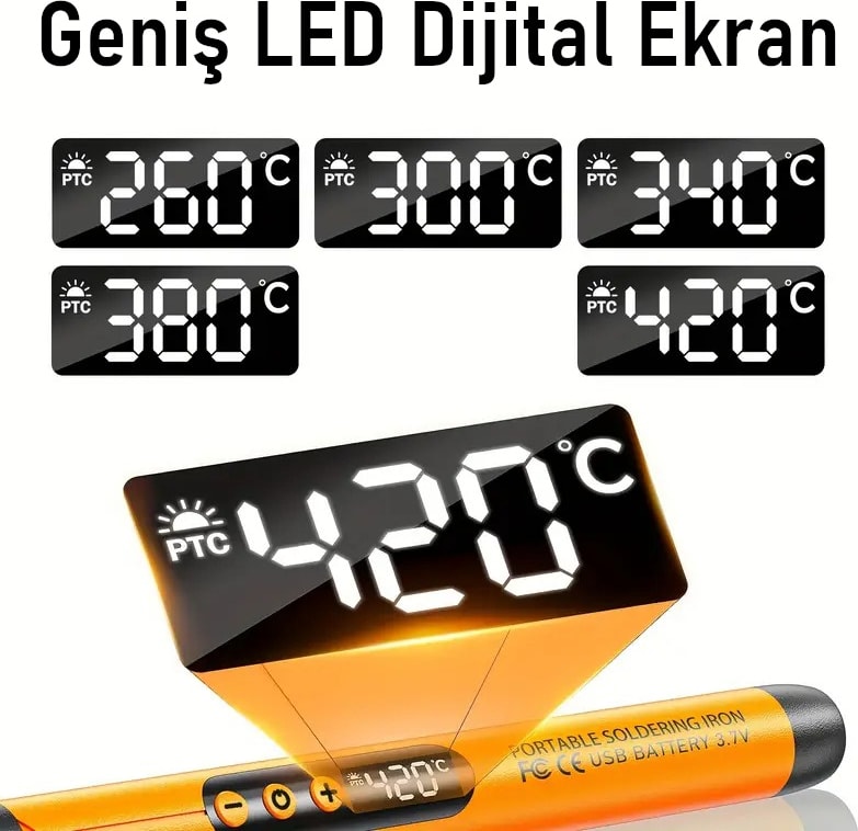 Şarjlı Dijital Ekranlı Havya Seti 420°C Ayarlanabilir Sıcaklık Type-C Hızlı Şarj
