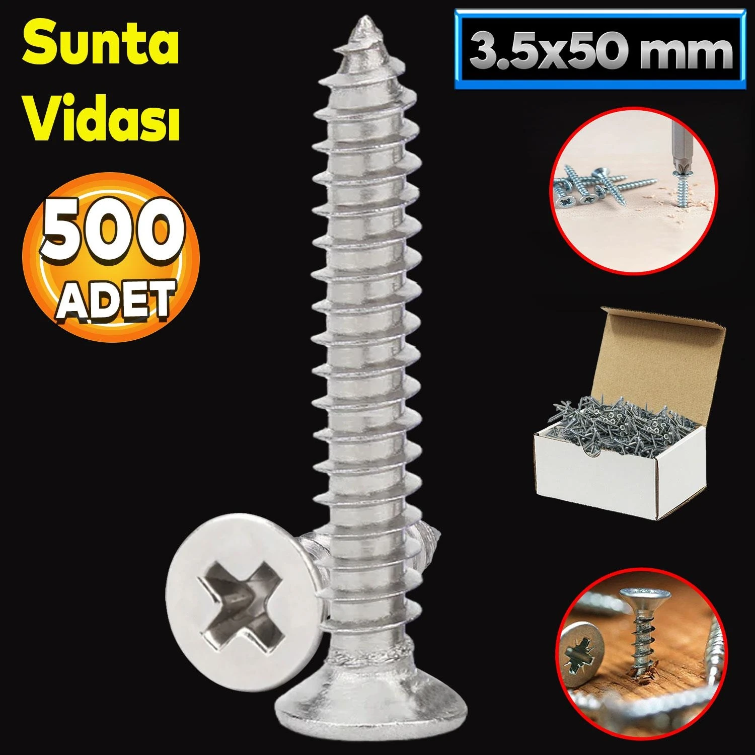 Sunta Vidası 3.5X50 Paket 500 Adet Sivri Uçlu Ahşap Tahta Ağaç Mobilya Ayak Kulp Vidası