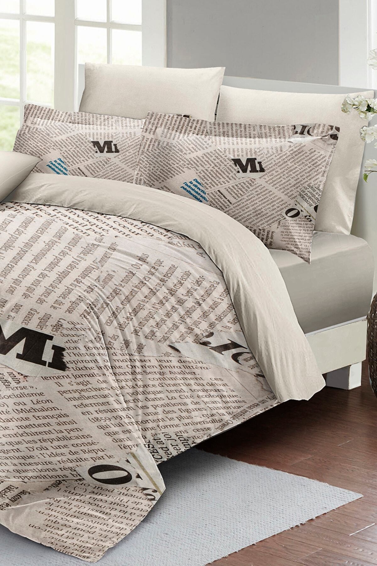 Kıng Sıze Newspaper 3d Pamuk Saten %100 Pamuk Çift Kişilik Nevresim Takımı 220x240cm