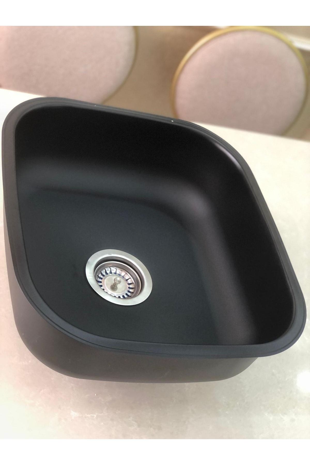 Siyah Grenli Granit Desen Kaplamalı Kare Alttan 40 X 45 Paslanmaz Evye