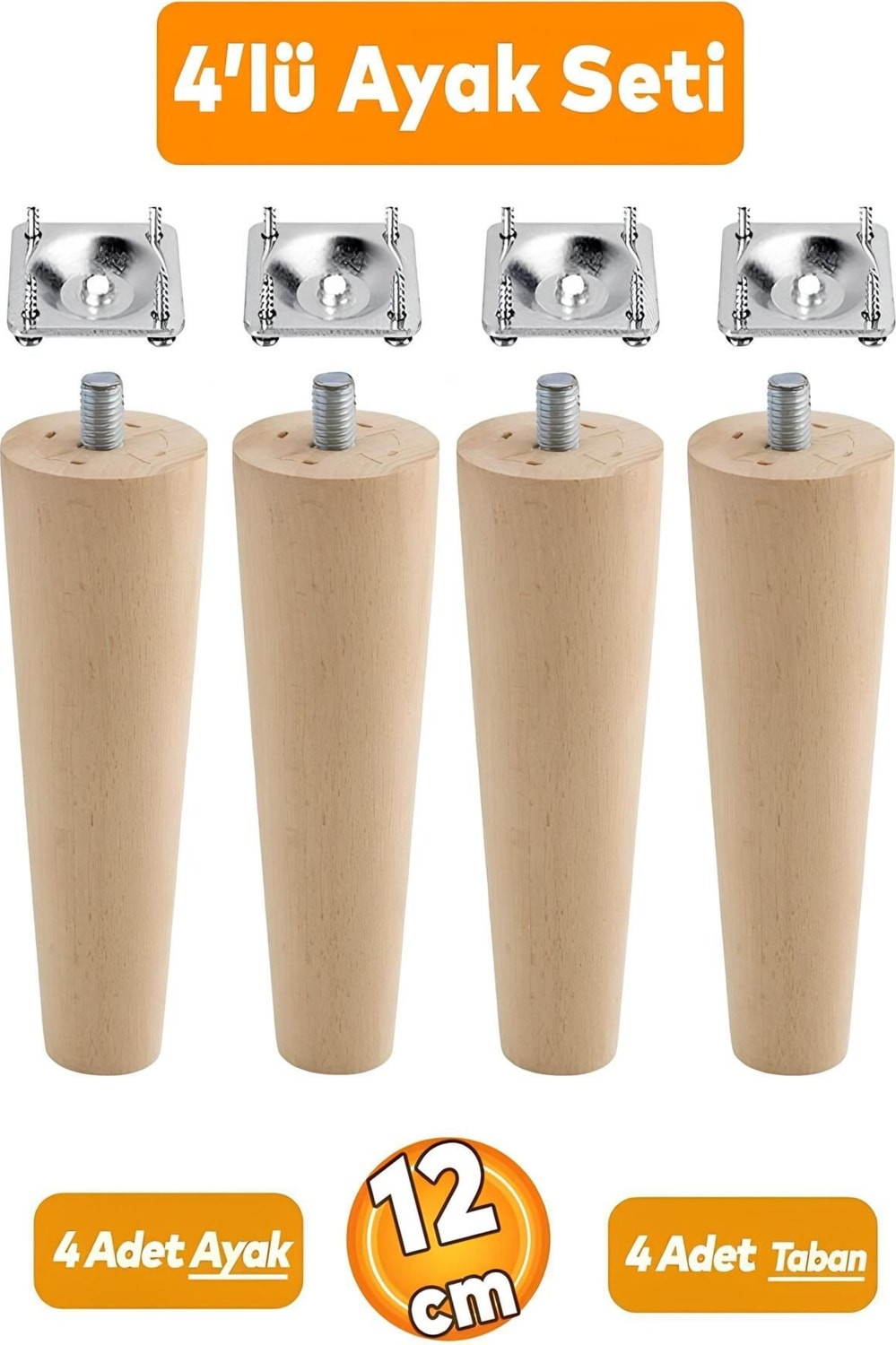 Ahşap Mobilya Koltuk Kanepe Ayağı 12 cm M8 Civatalı Bağlantı Aparatlı 4'lü Set