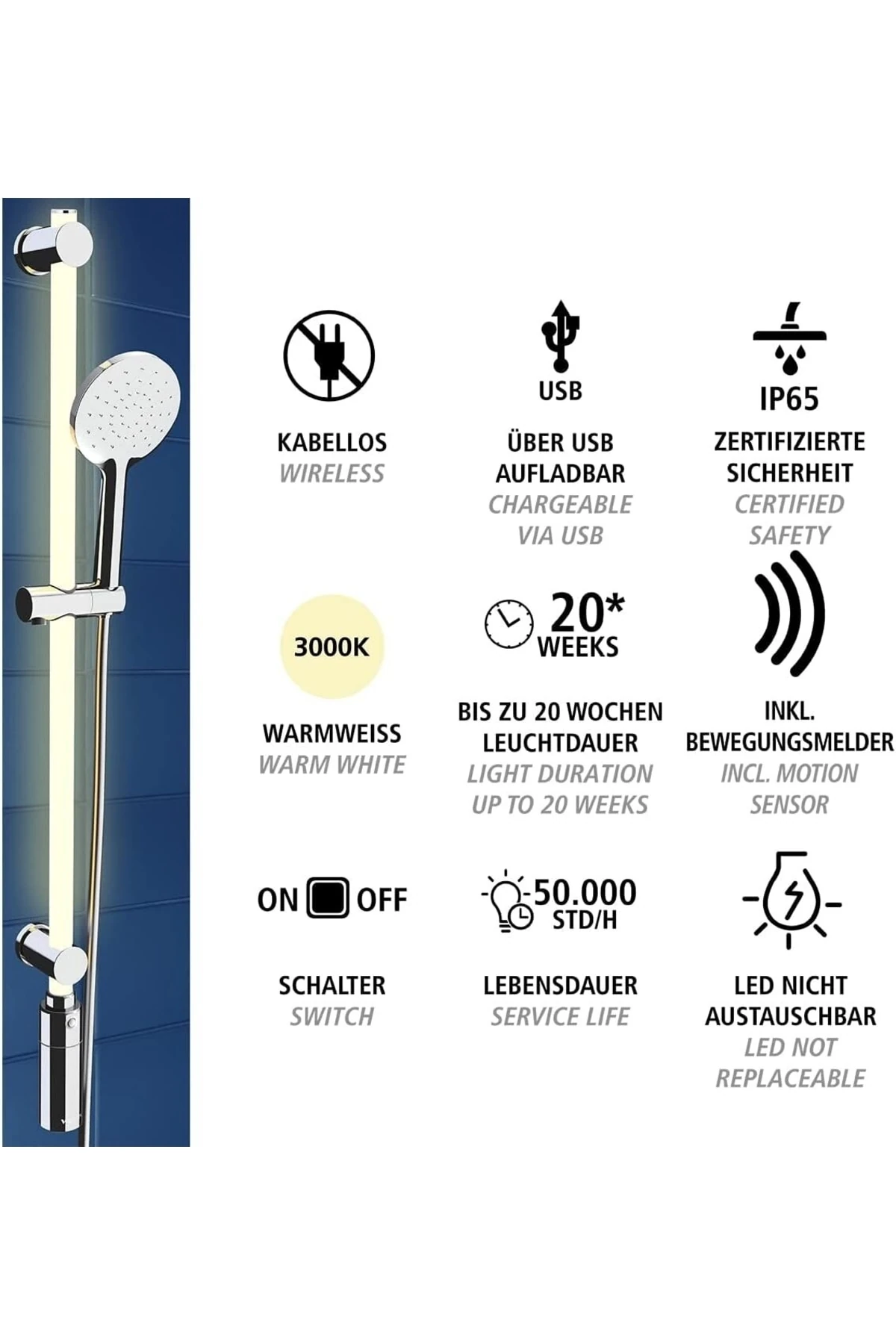 Led Tasarım Duş Çubuğu Seti, Led Işık Şeridi, Duş Hortumu Ve Başlığı Sıcak Beyaz