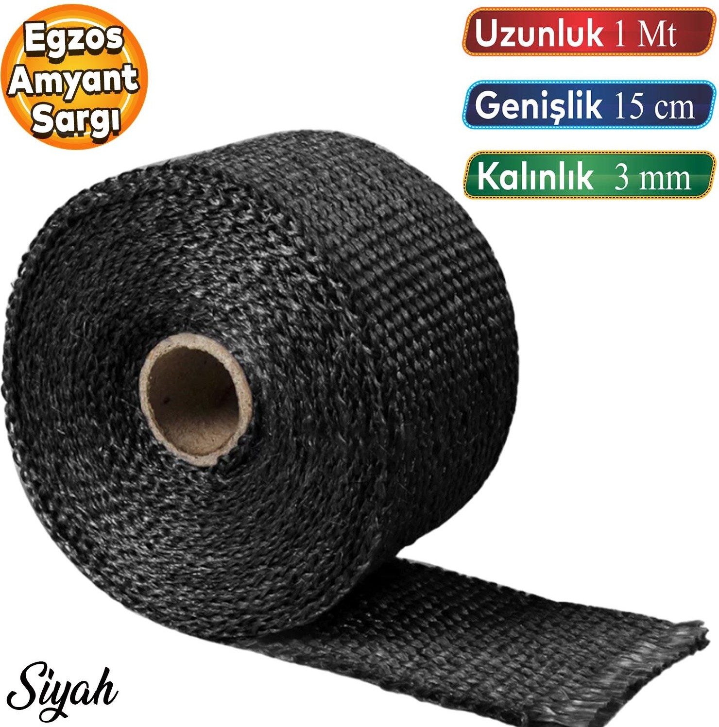 1 Metre 15 cm Cam Elyaf Eksoz Sargısı Manifold Sargı Bezi Yanmaz Bant Siyah Amyant 3 mm (Kalınlık)