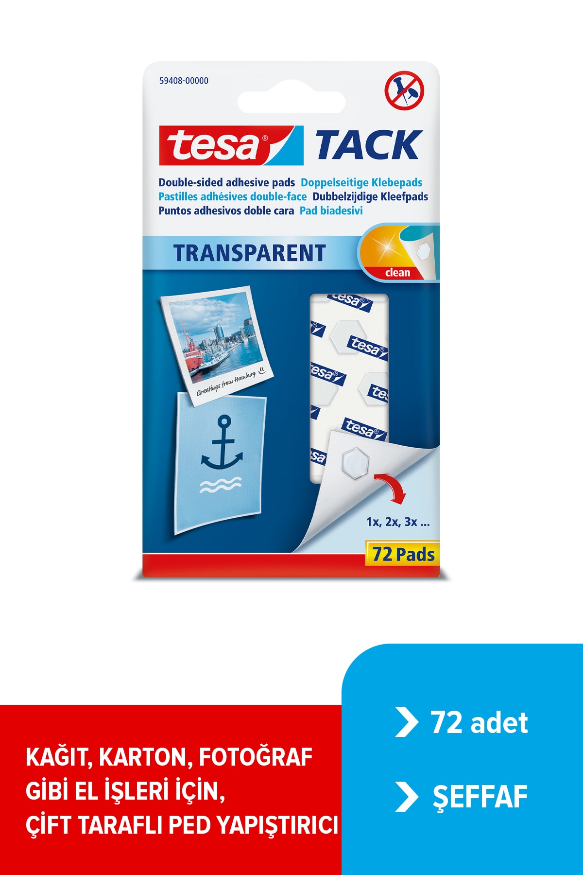 TESA TACK, Kendinden Yapışkanlı,Tekrar kullanılabilir Pedler, Şeffaf, 72 adet