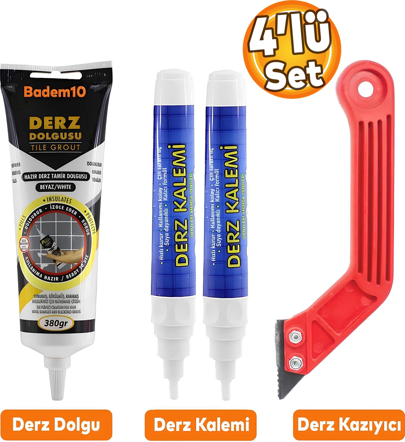 (4'LÜ SET) Fayans Arası Beyaz Hazır Derz Dolgusu + Temizleyici Kazıyıcı + 2'li Derz Boyama Kalemi