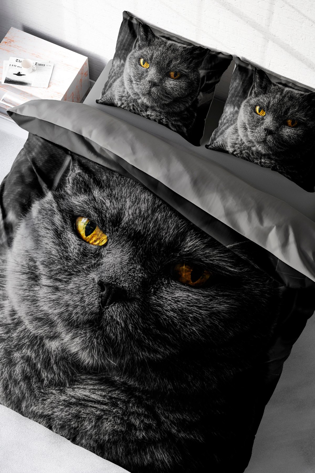 Kıng Sıze Serious Cat Naturel Çift Kişilik Nevresim Takımı 220x240cm