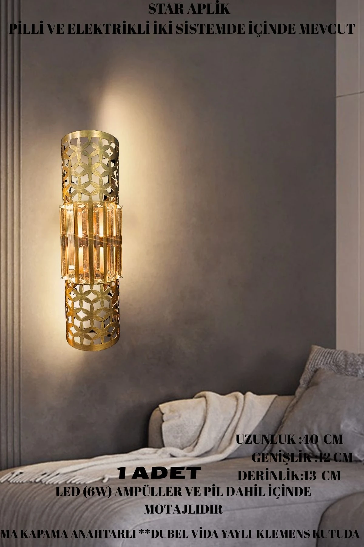 Star Aplik Eskitme, Pilli Aplik, Anahtarlı, Pilli Elektrikli Ledli Duvar Aplik, Gece Lambası