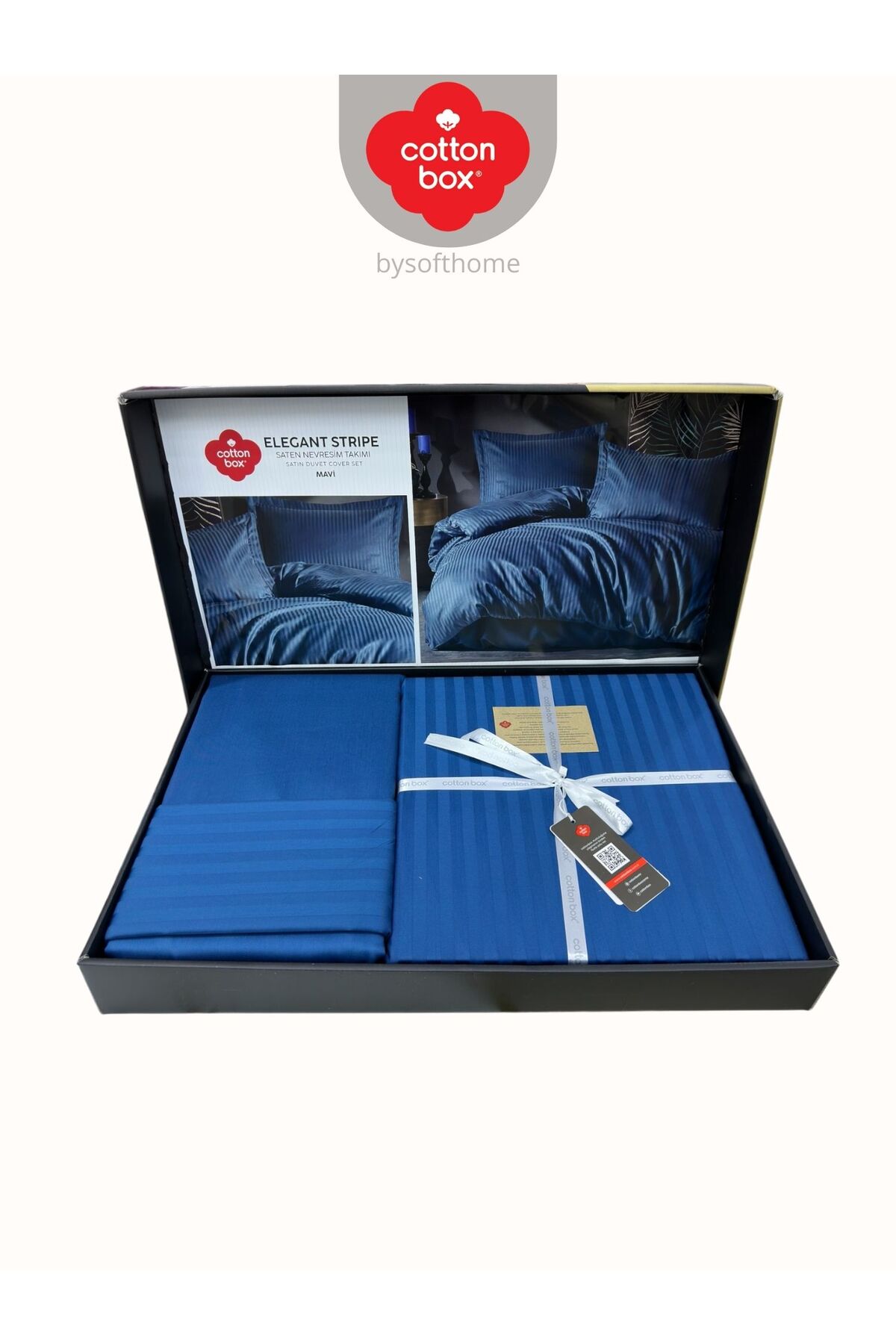Elegant Stripe Mavi Çift Kişilik Pamuk Saten Nevresim Takımı