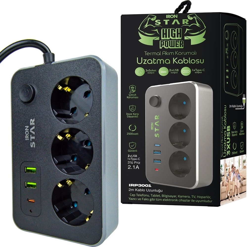 Ironstar IRP3001 2 Metre 3 Adet USB Girişli 3 Metre Kablolu Akım Korumalı Priz