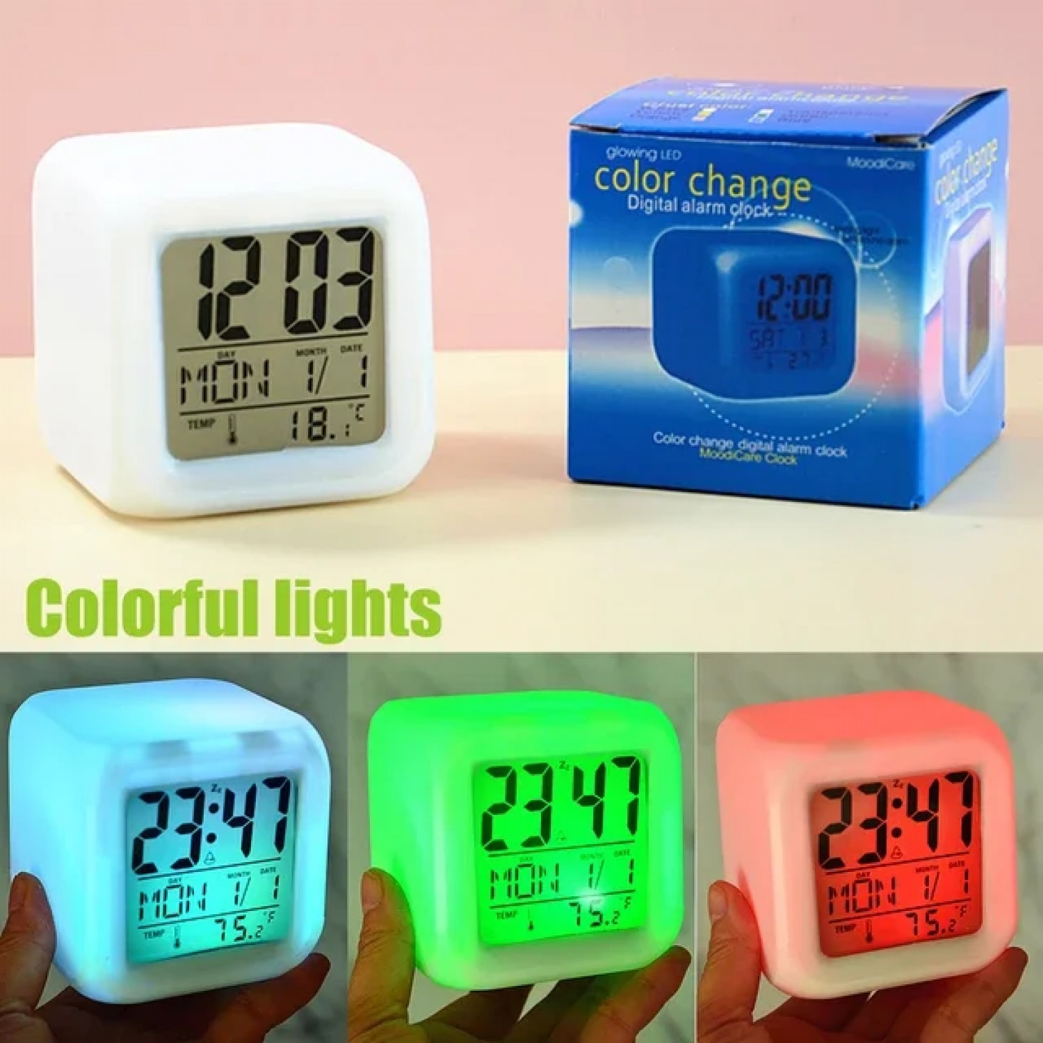 LED Dijital Renkli Masa Saati Alarm Termometre Tarih Masaüstü Saat (4887)