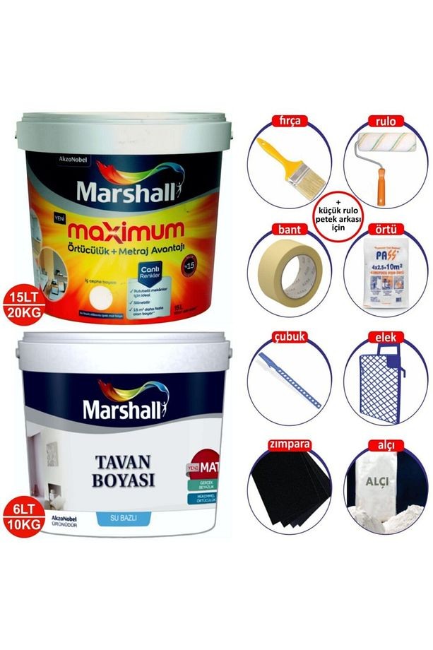 Maxımum Silikonlu Su Bazlı Silinebilir Iç Cephe Boyası 20kg+tavan Boyası 10kg+9 Parça Set