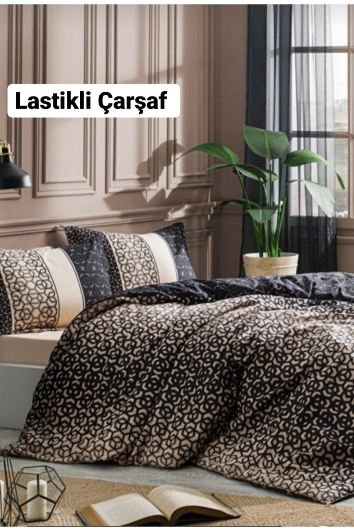Çift Kişilik Çarşafı Lastikli Nevresim Takımı Noche Siyah