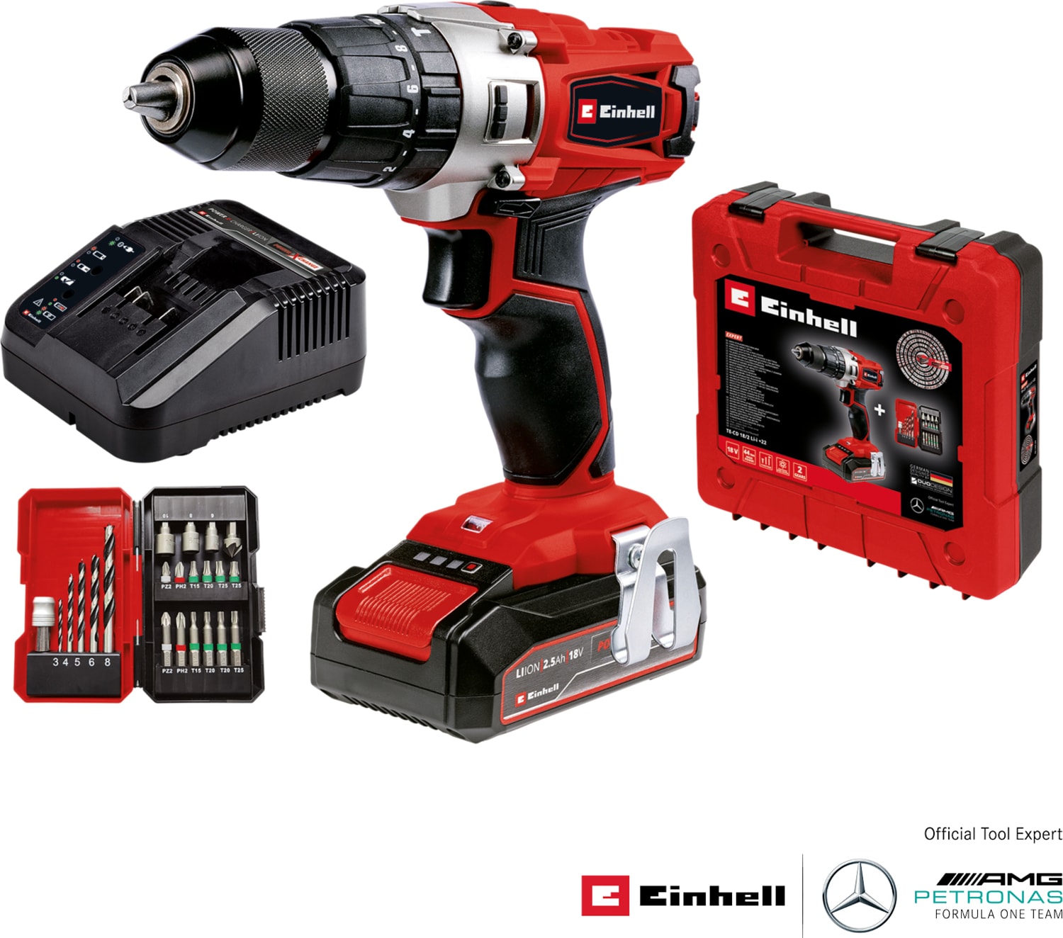 Akülü Darbeli Vidalama TE-CD 18/2 Li-i +22 (1x2,5Ah) Power X-Change (Li-Ion, 18 V, 44 Nm, 2 vitesli şanzıman, 2,5 Ah akü, hızlı şarj cihazı, 22 parçalı uç seti ve çanta) - 4514220