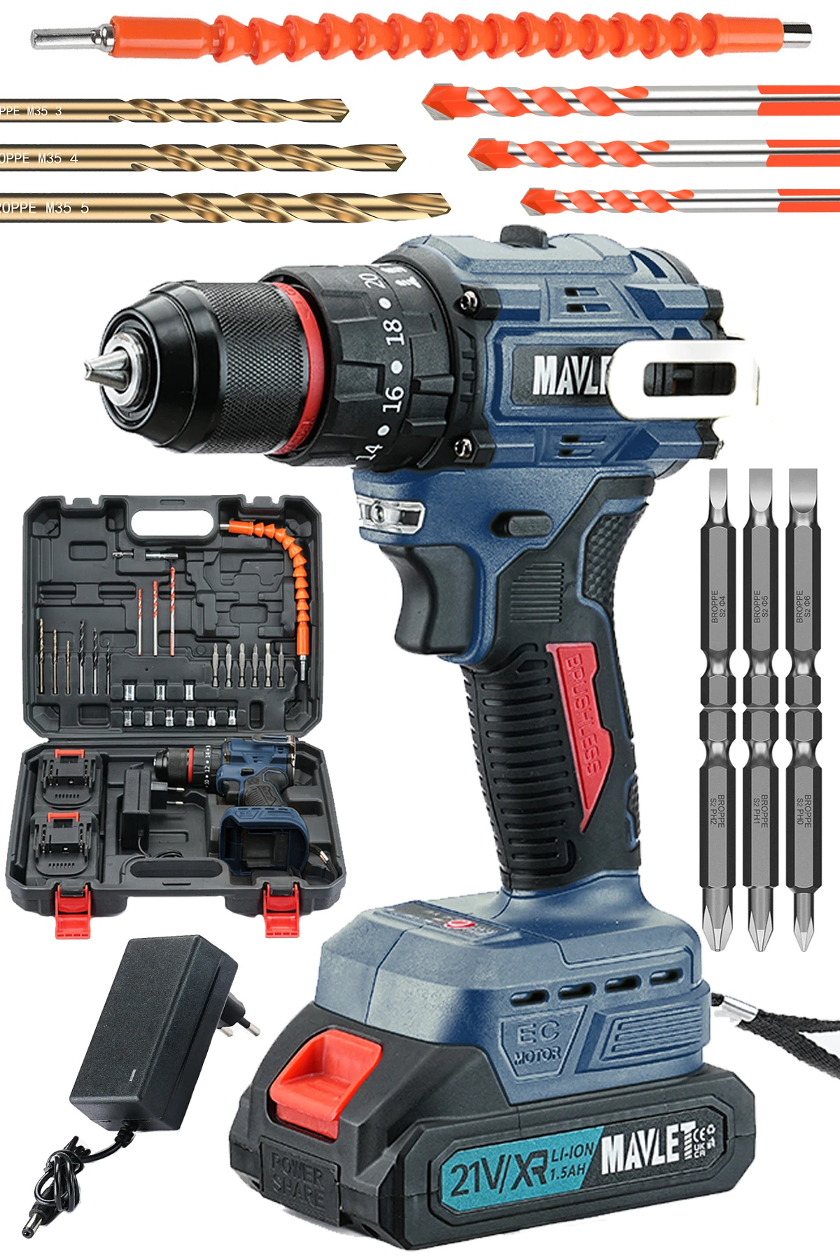 21V Bakır Sargı Kömürsüz Motor Çelik Mandren Darbeli Şarjlı Matkap Akülü Vidalama Uç Setli - Mavi
