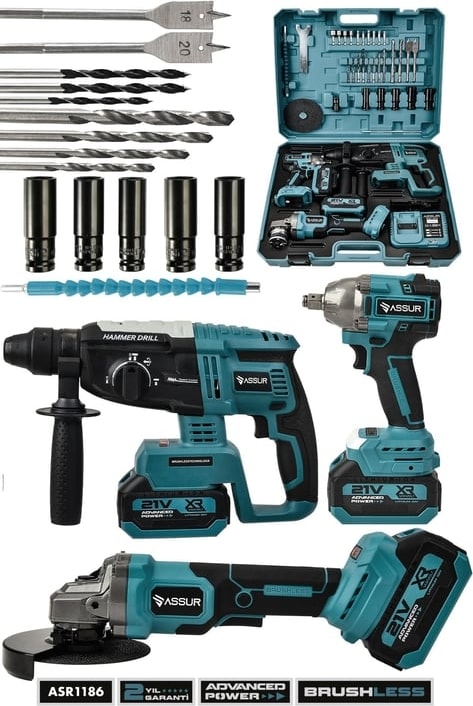 Assur 21V Çift Akülü 3'lü Set Somun Sıkma Sökme+Taşlama+Kırıcı Delici Hilti