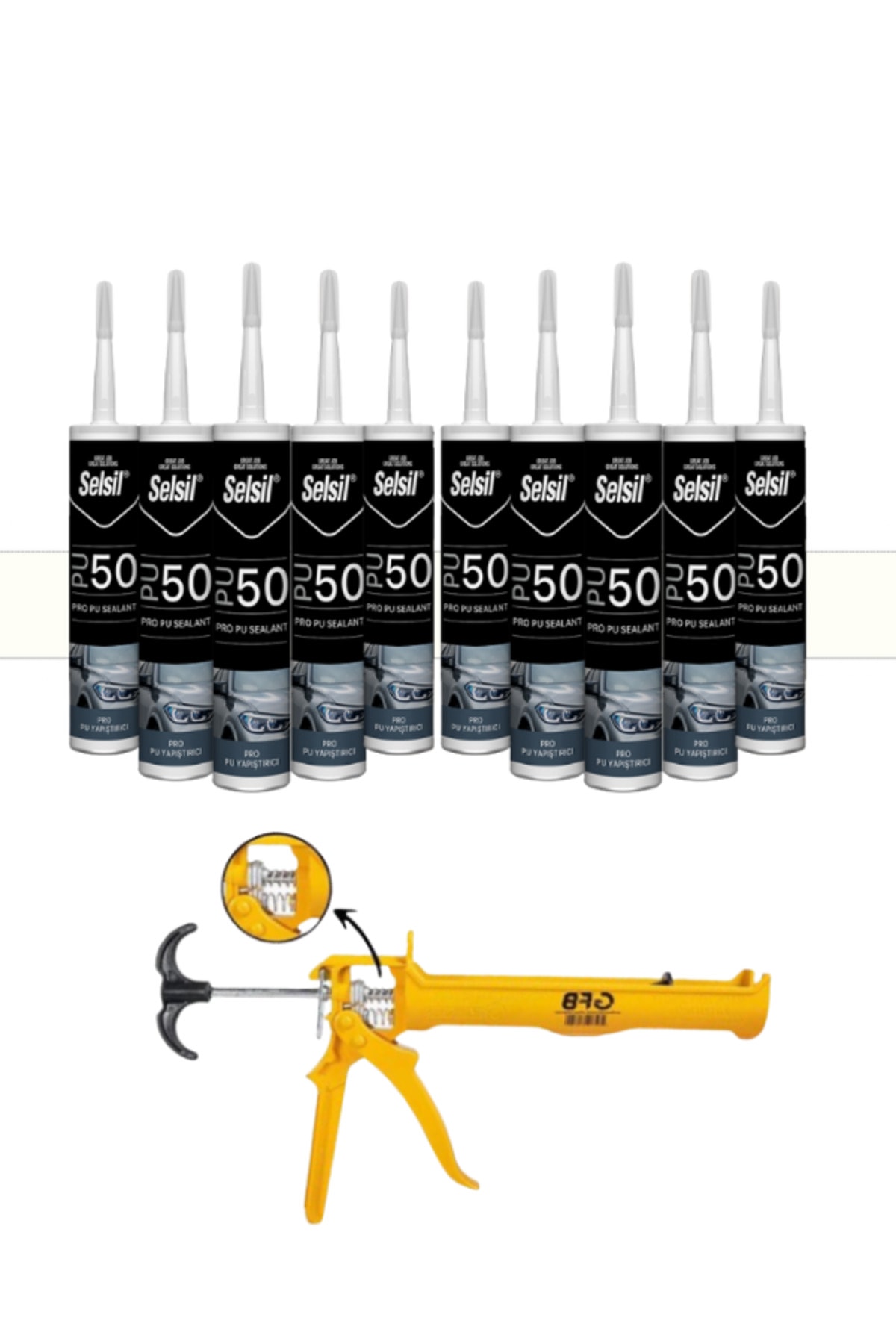 Silikonize Beyaz Mastik 500 Gr. 10 Adet + Gfb Alüminyum Silikon Tabancası