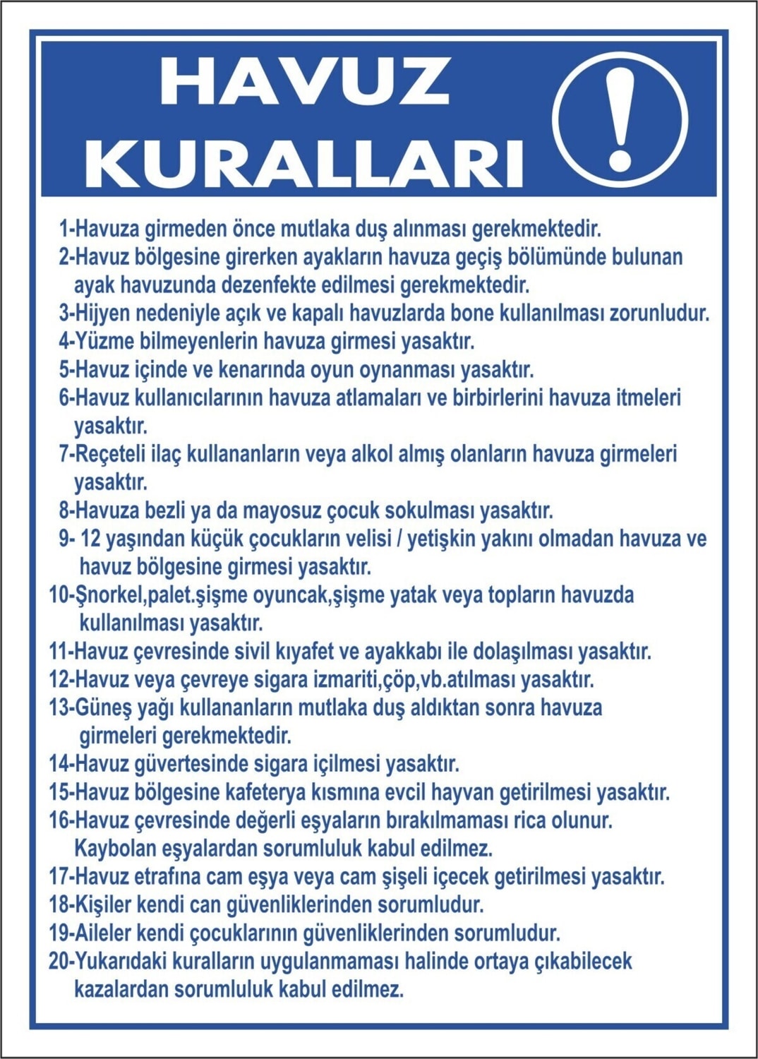 Havuz Kuralları Pvc Plakalı Uyarı Levhası Dekota Dijital Uv Sticker 25X35