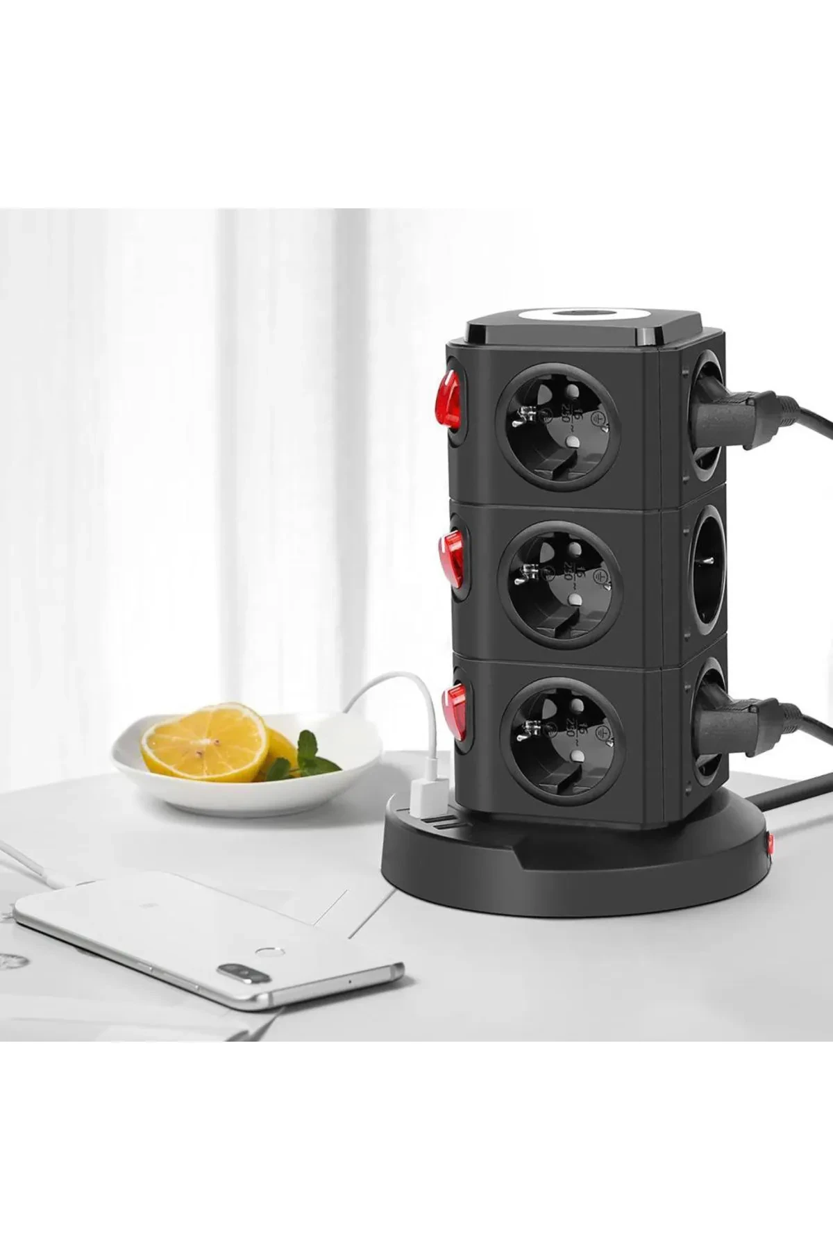 Akıllı Wireless Kule Priz | 12 Prizli Şarj İstasyonu | 1 USB + 2 Type-C + Kablosuz Şarj