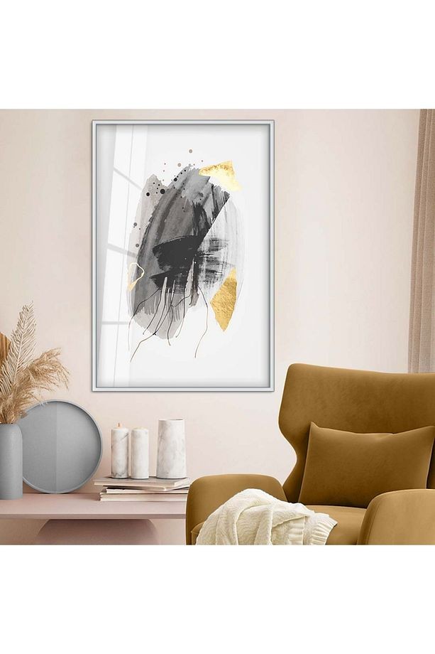 Gümüş Metal Çerçeveli Soyut Tema Modern Çizim Kırılmaz Cam Tablo
