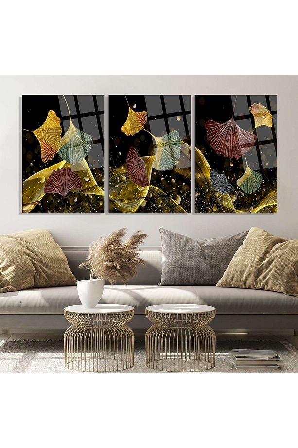 3 PARÇA TAKIM SET HALİNDE MODERN GOLD ÇİÇEK TEMALI KIRILMAZ CAM TABLO EV HEDİYESİ