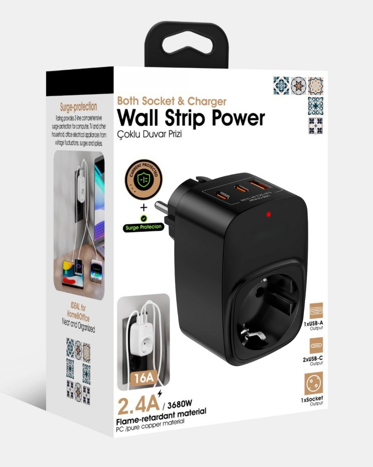 Çoklu Yüksek Voltaj Korumalı Duvar Prizi 2x Type-C 1x USB Çıkışlı Priz Grup Priz Çoğaltıcı