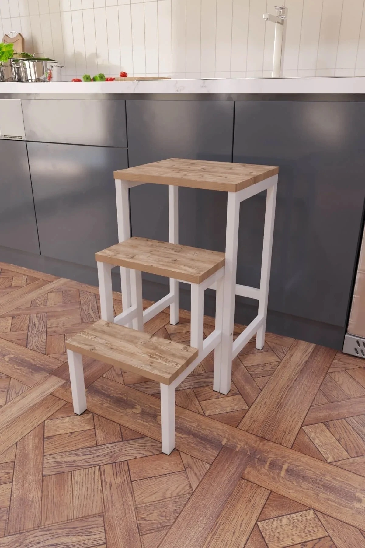 Katlanabillir Metal Ahşap Basamaklı Tabure Merdiven Çiçeklik Çok Amaçlı Tabure Beyaz