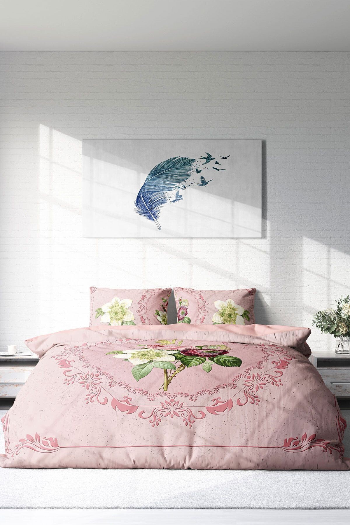 Lastikli Çarşaflı %100 Pamuk Saten Çift Kişilik Nevresim Takımı Damask Rose