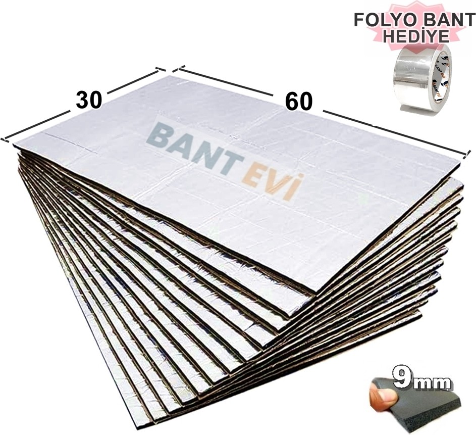 10 Adet 60x30cm Folyolu Oto Ses Isı Yalıtım Pedi Gürültü ve Isı Kalkanı 9mm Et Kalınlığında Kendinden Yapışkanlı