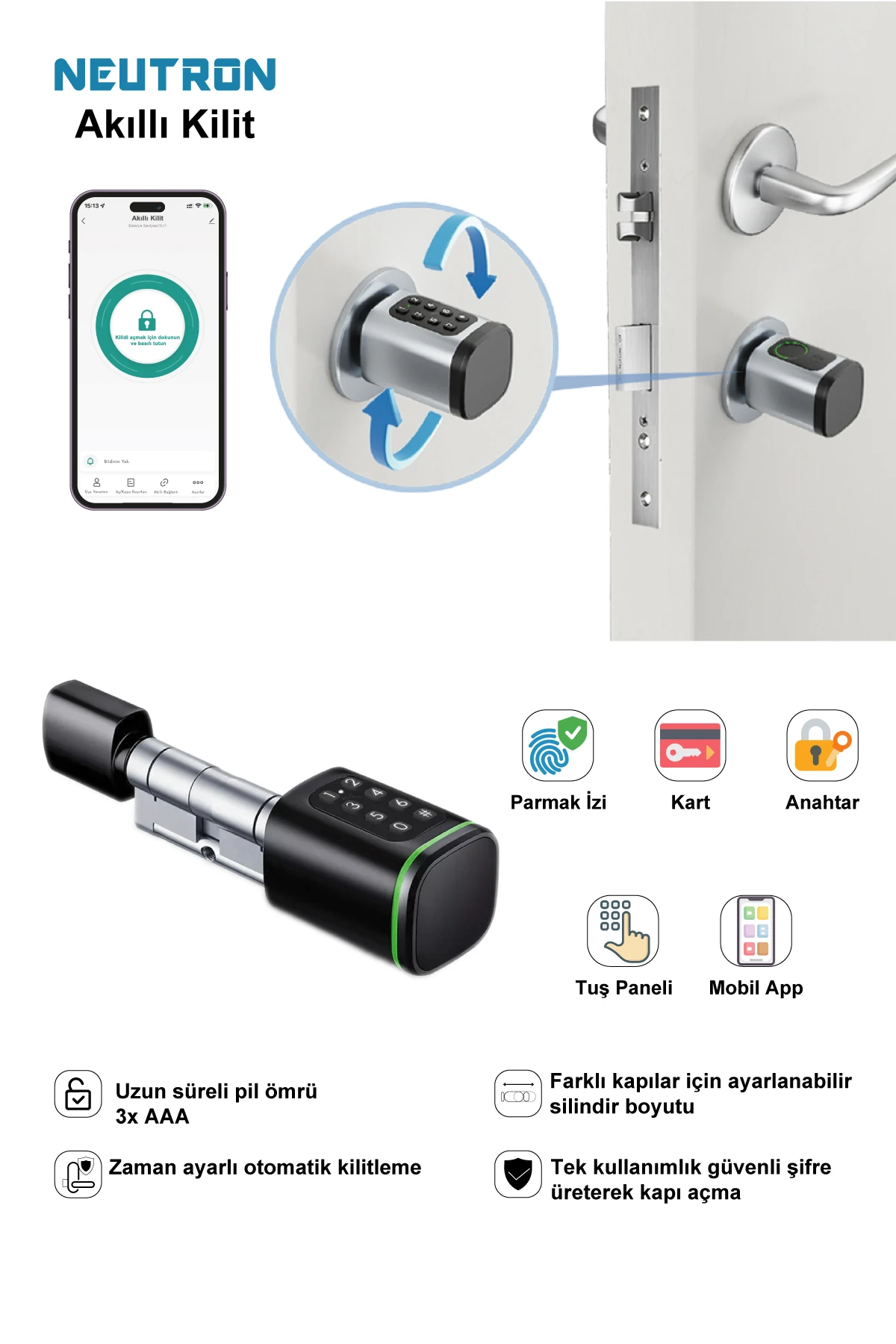 NTL-SC-02FKPB Parmak izi, Anahtarlı, Tuşlu, Kartlı ve Uzaktan Kontrollü Akıllı Kapı Kilidi Siyah