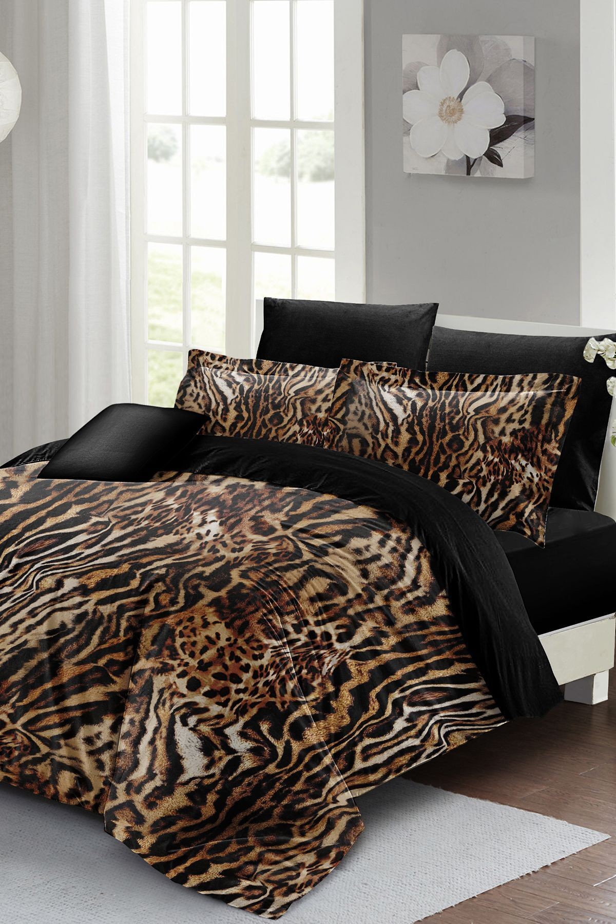 Lastikli Çarşaflı %100 Pamuk Saten Çift Kişilik Nevresim Takımı Brown Zebra