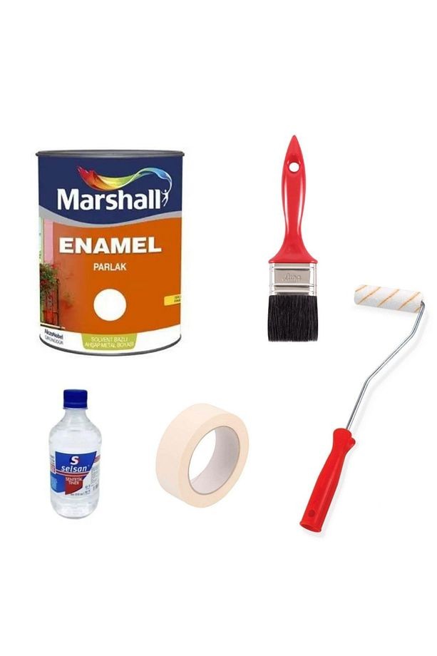 Enamel Parlak Sentetik Yağlı Boya Seti + Kağıt Bant + 10 Cm Rulo + Küçük Tiner + Fırça