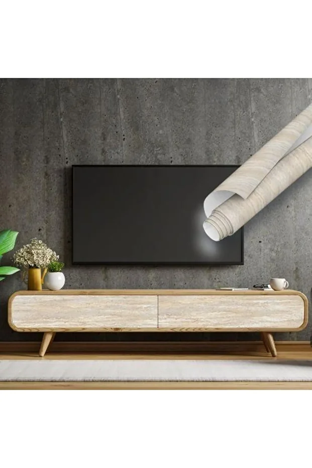 67cm x 10 Metre 1 Adet Yapışkanlı Rulo Bej Traverten Desenli Mutfak Duvar Kaplama Folyosu Kağıdı