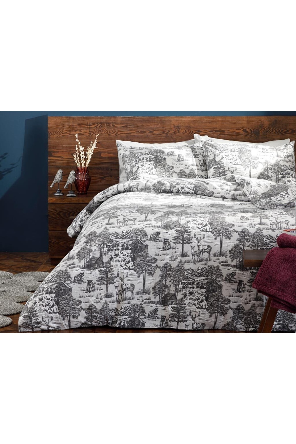 Winter Forest Flanel Tek Kişilik Nevresim Takımı 160x220 Cm Gri