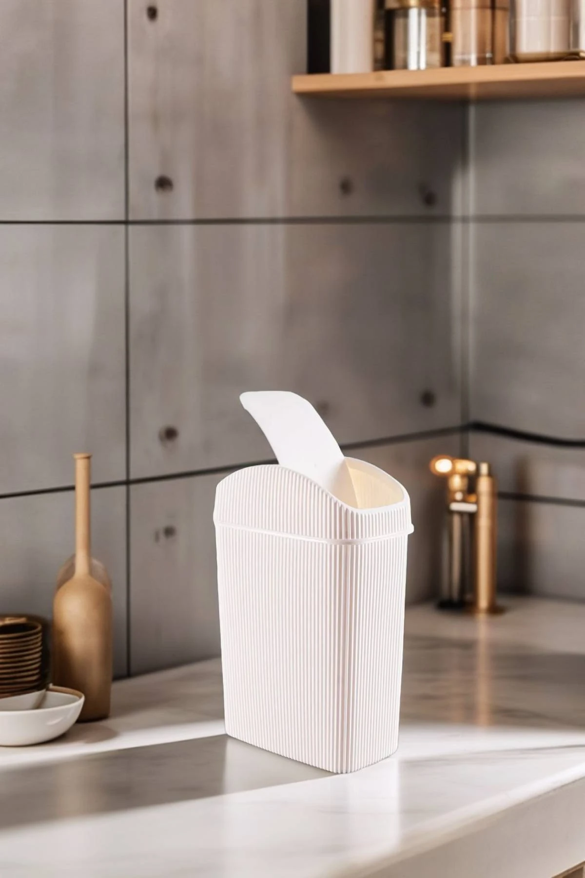 Mini Çöp Kovası, Mutfak, Banyo, Tuvalet, Ofis Çöp Kutusu Krem