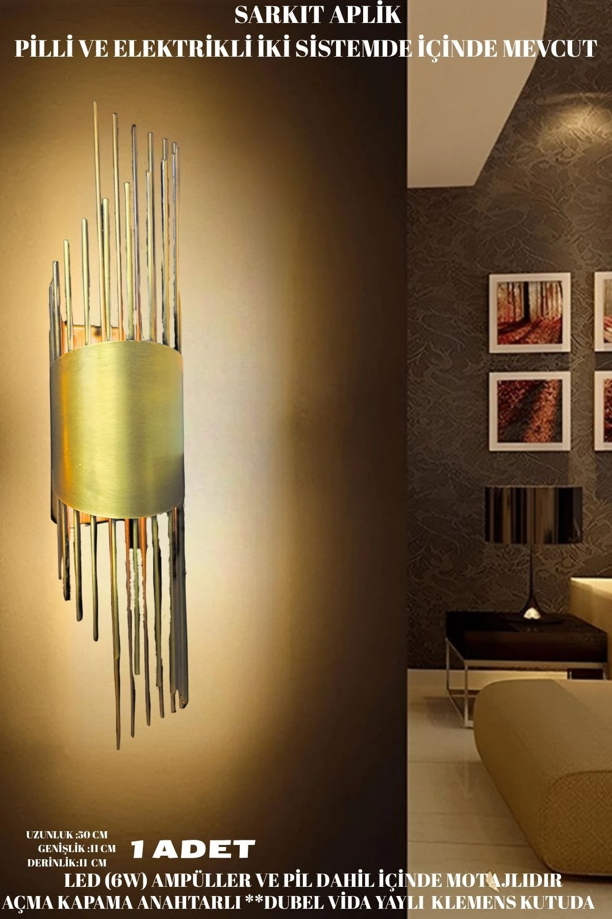 Sarkıt Aplik Eskitme, Pilli Aplik, Anahtarlı, Pilli Elektrikli Ledli Duvar Aplik, Gece Lambası