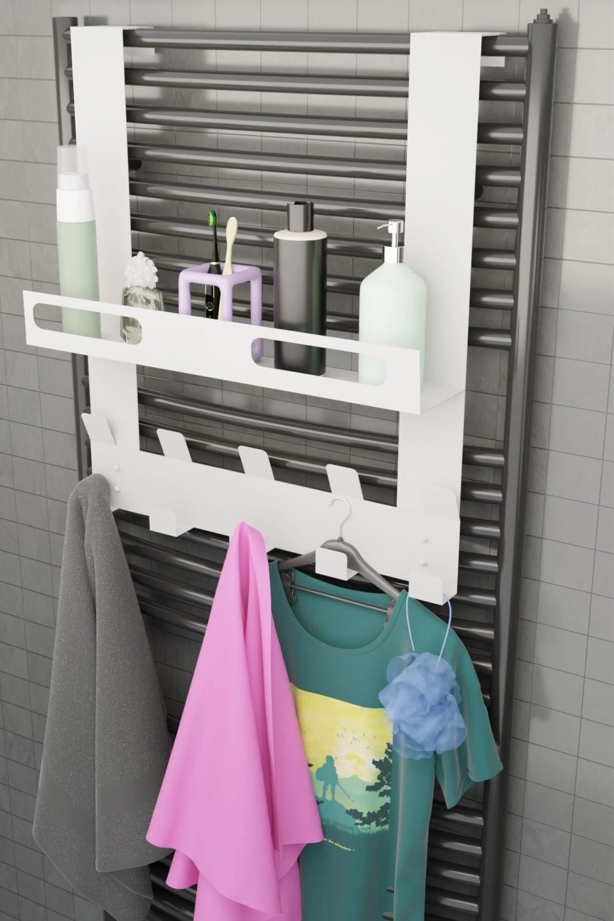 Beyaz Raflı Havlupan Askısı Banyo Petek Askısı ve Raflı Havlu Askılığı, Banyo Peteği Askılığı MT105B