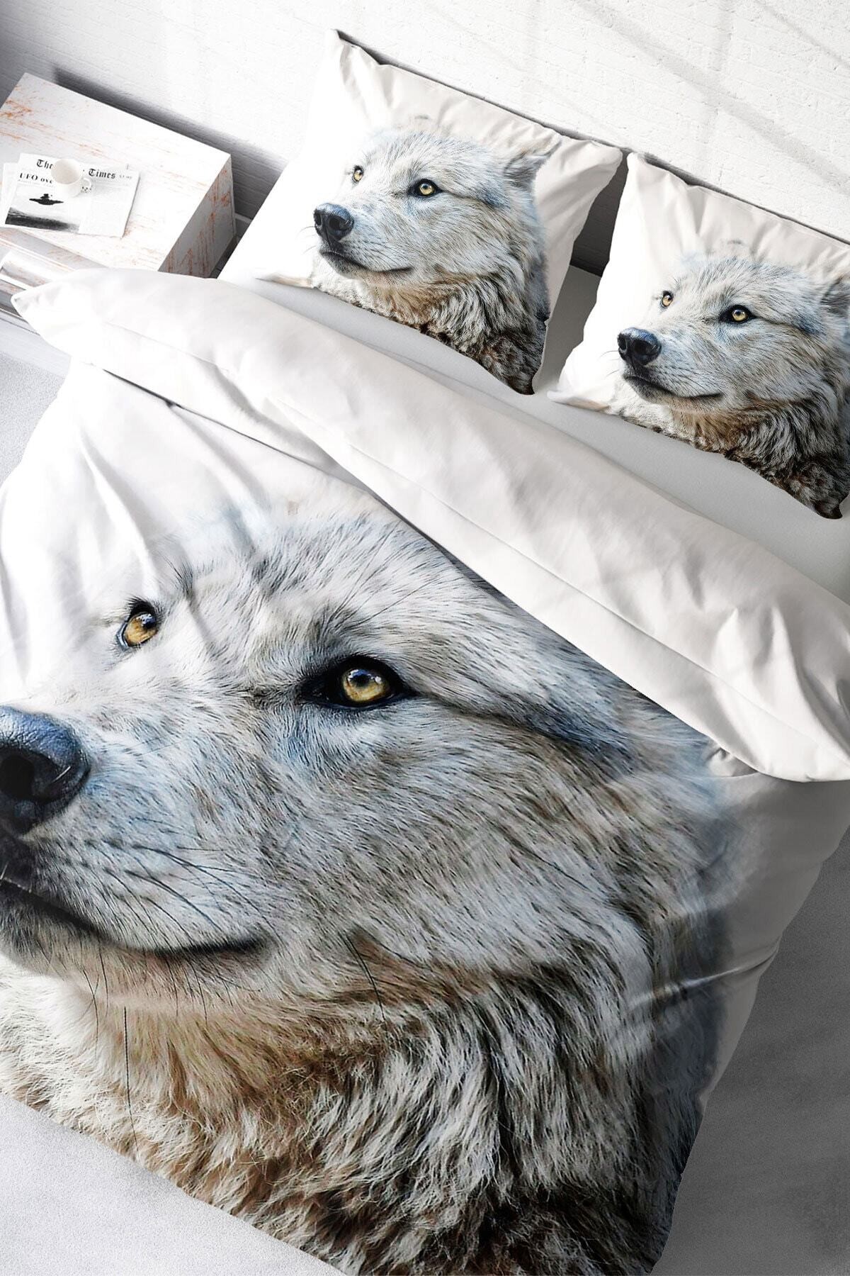 Kıng Sıze White Wolf Naturel Çift Kişilik Nevresim Takımı 220x240cm