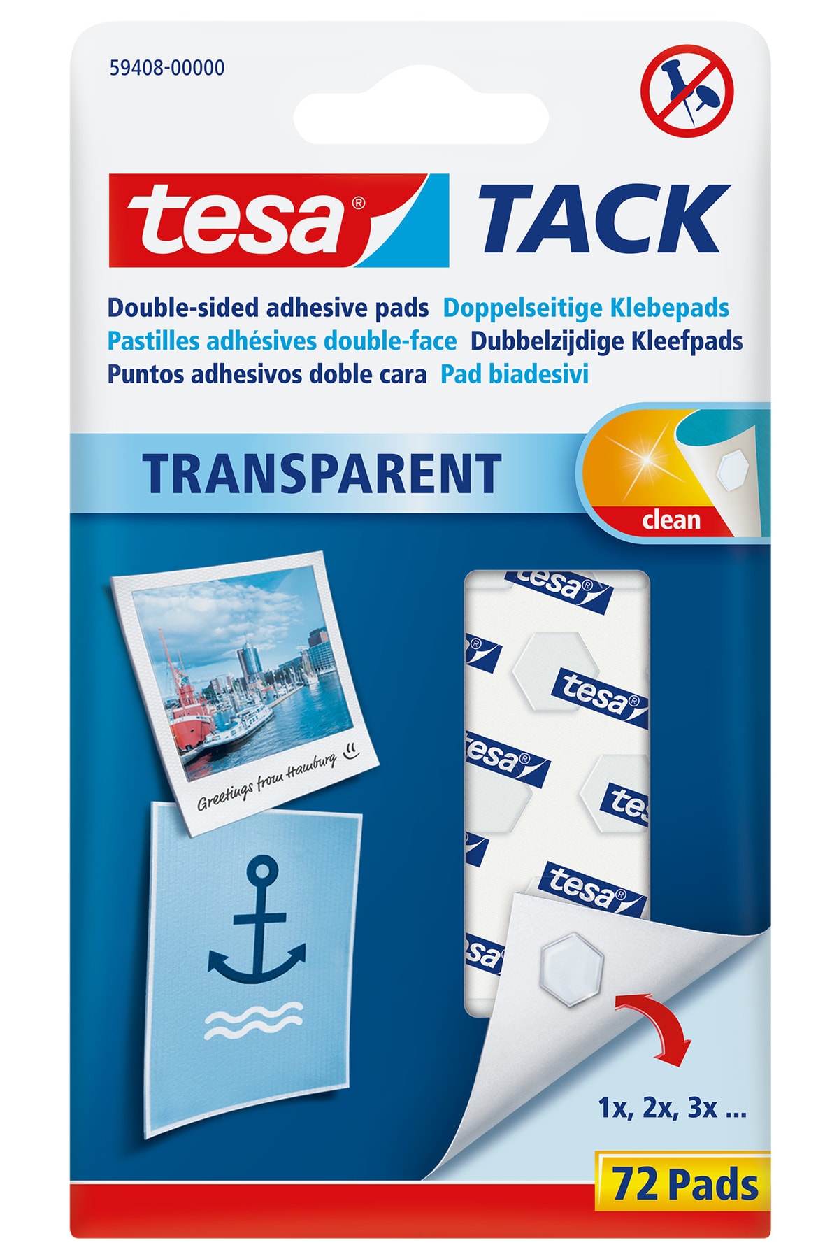 TESA TACK, Kendinden Yapışkanlı,Tekrar kullanılabilir Pedler, Şeffaf, 72 adet