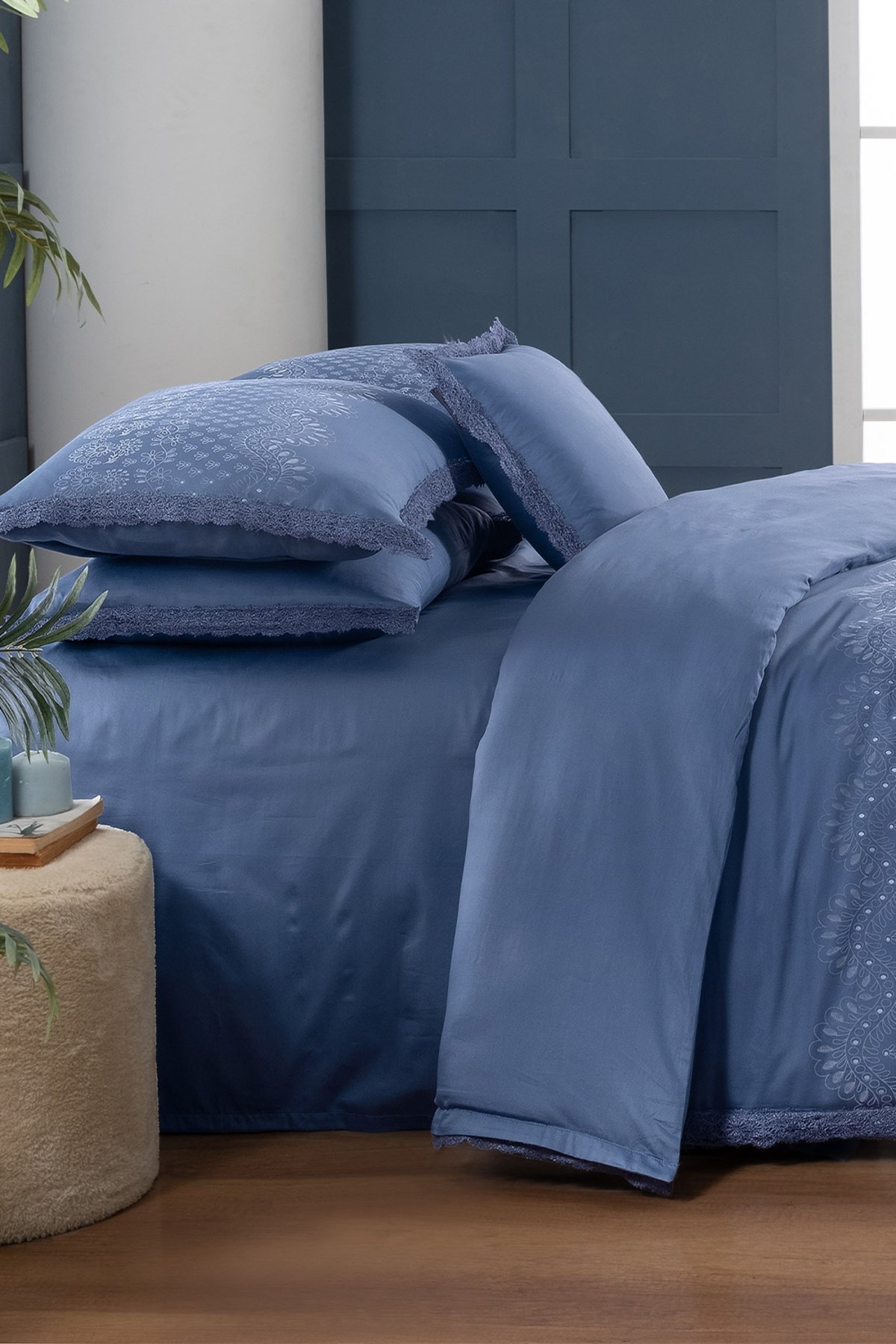 Perry Mavi King Size (Battal Boy) %100 Pamuk Saten "300 TC" Nevresim Takımı