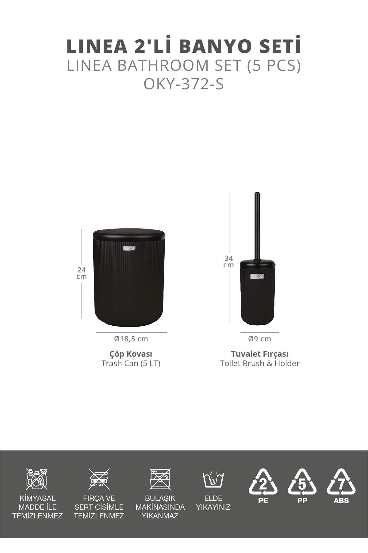 Linea Siyah Çizgili Yuvarlak 2'li Wc Kova Ve Fırça Seti