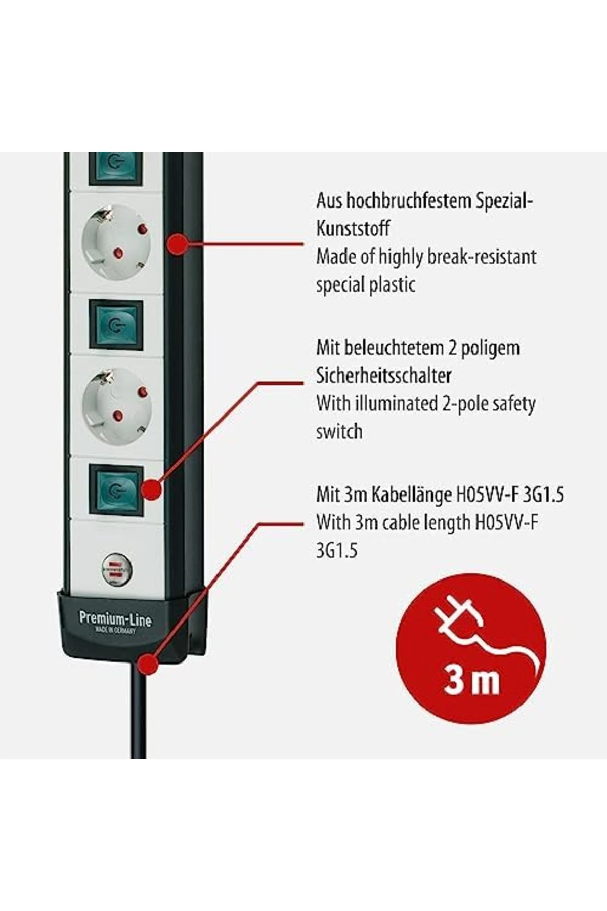 mrtshoppng Premium-, teknik çoklu priz, tek tek çalıştırılabilir prizler (3 m kablo) ile, renk: siya