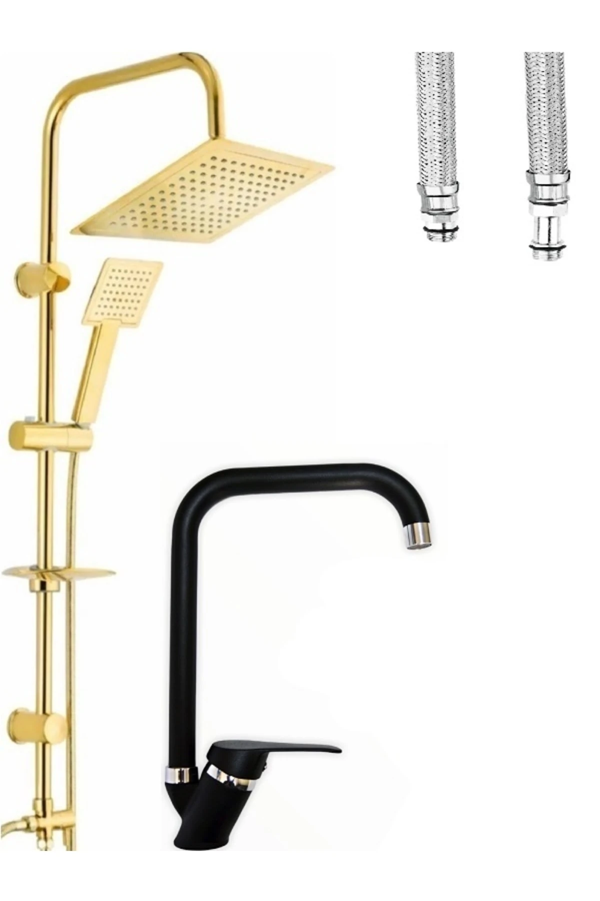 Lüks Kare Başlıklı Duş Seti Altın Ve Siyah 2'li Duş Seti Köşe Borulu Banyo Çeşmesi Musluğu