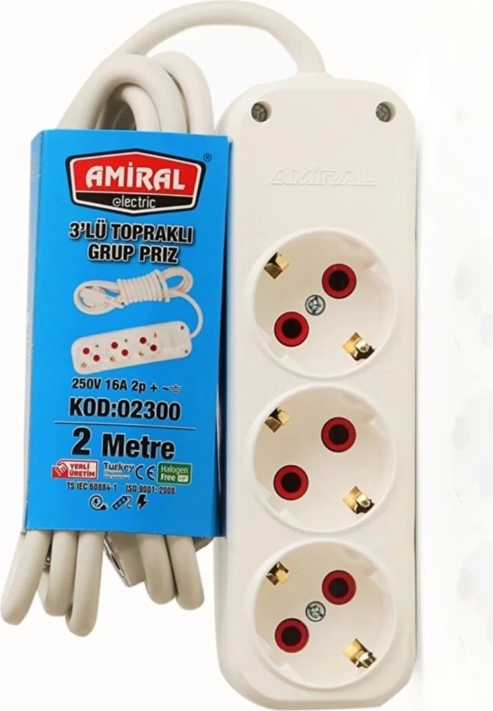 Amiral 3' Lü Topraklı 2 Metre Kablolu Grup Priz
