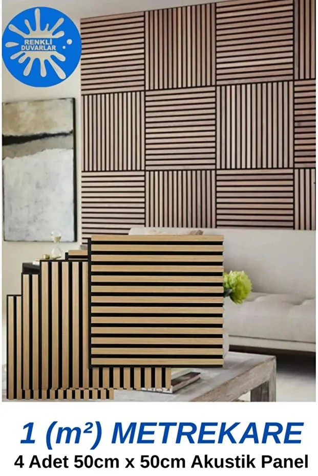 1m² (50cmx50cm 4 Adet)Kahverengi Akustik Duvar Paneli 3mm Keçe Ve 8mm Mdflam Duvar Çıtası Lambiri