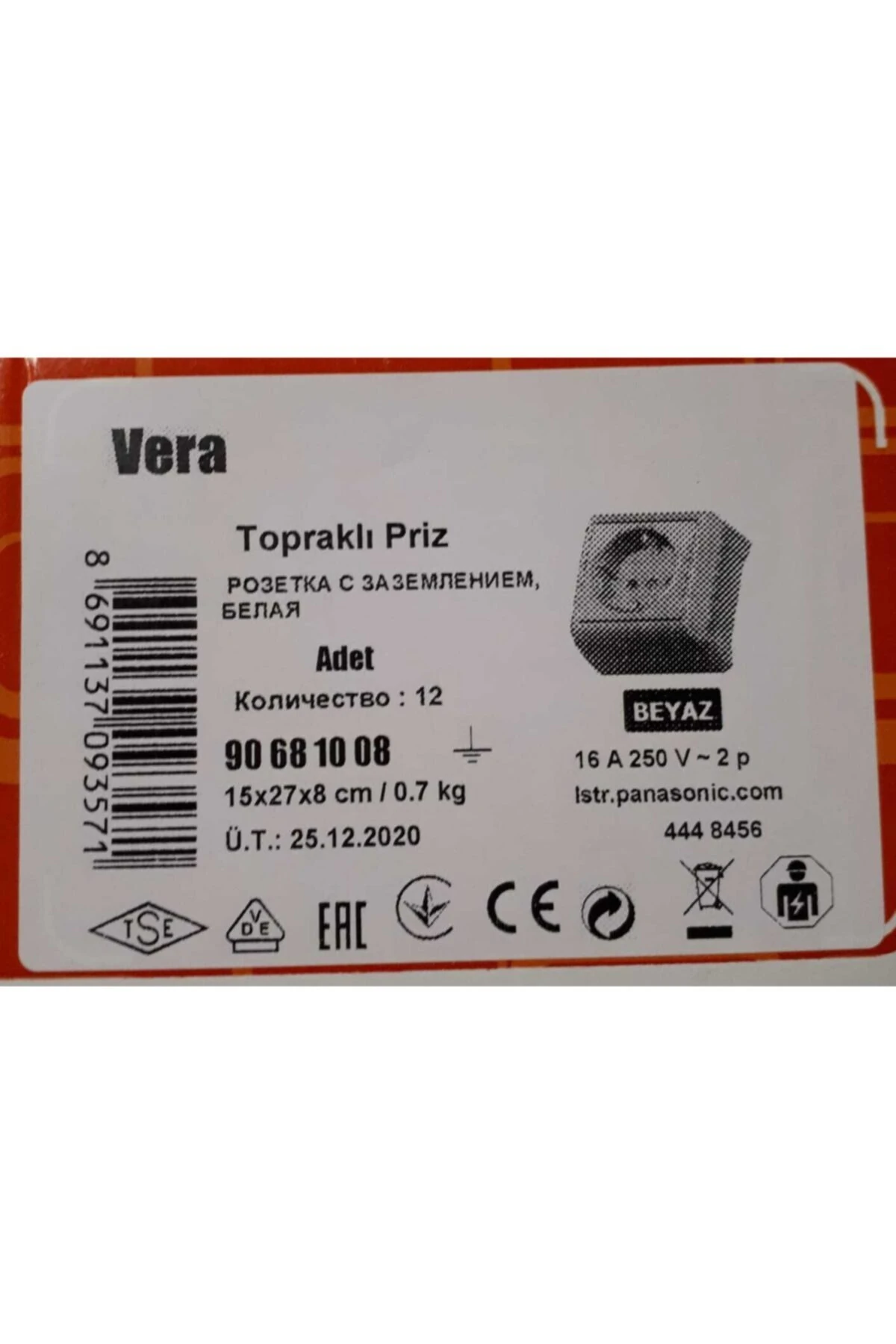 Vera Topraklı Priz Beyaz 12 Adet