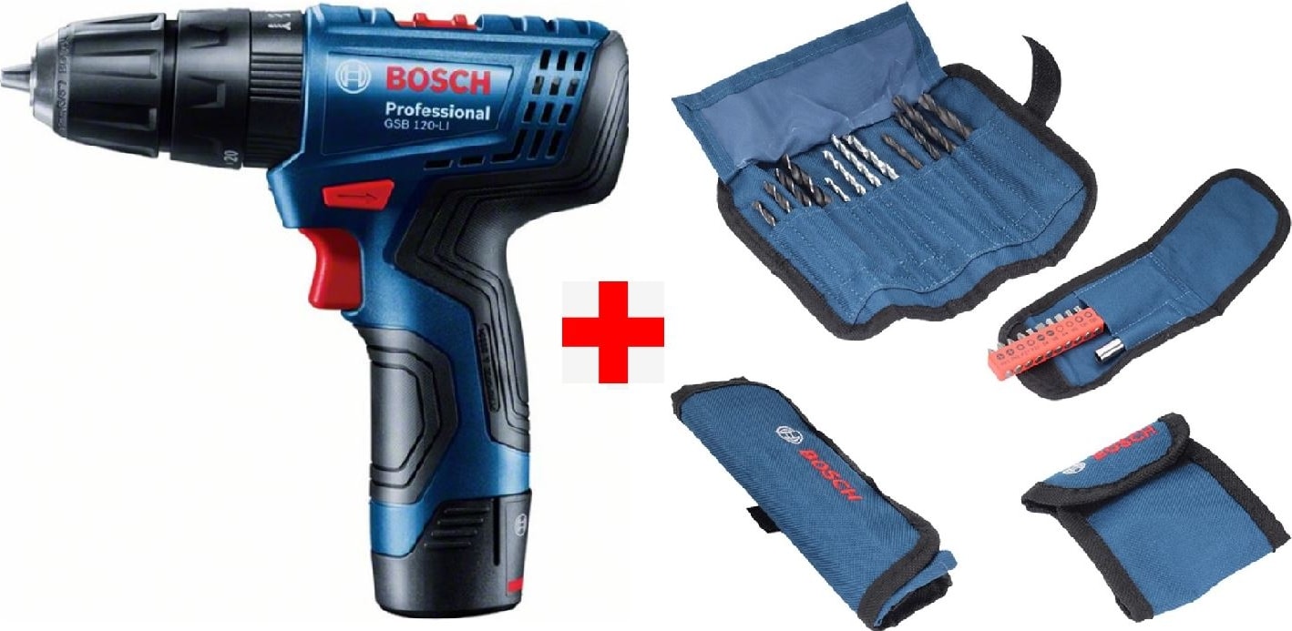 BOSCH GSB 120-Li Akülü Vidalama Şarjlı Matkap 12V 2Ah Çift Akülü + 23 Parça Matkap Ucu Vidalama Ucu Seti