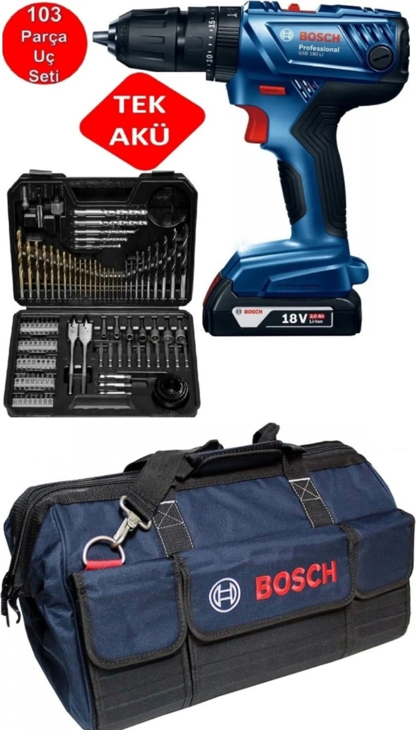 BOSCH Gsb 180 Li Şarjlı Darbeli Matkap Vidalama 103 Parça Uç ve Çanta Hediyeli