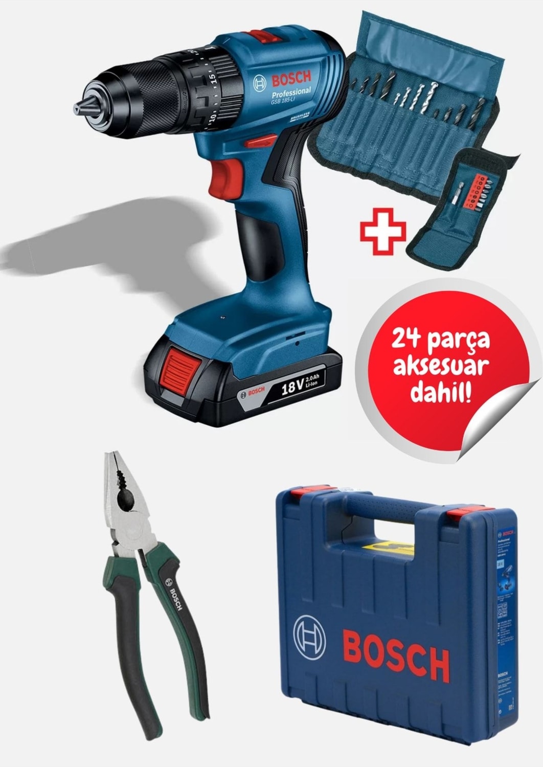 BOSCH Gsb 185-LI Tek Akülü Kömürsüz Darbeli Matkap Vidalama Şarjlı Matkap + 25 Parça Aksesuar Seti