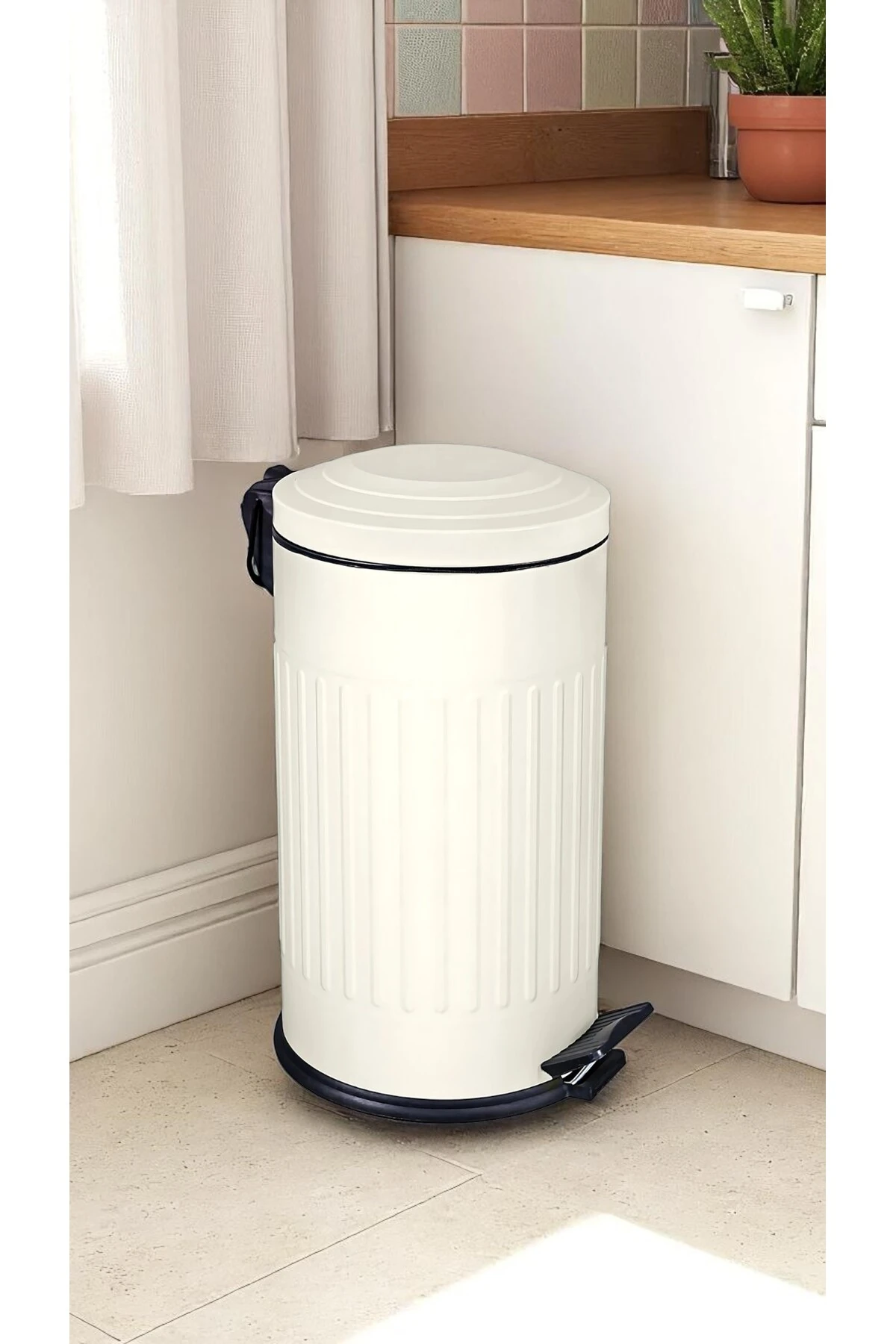 Vintage Çöp Kovası Çizgili Krem 16 Lt