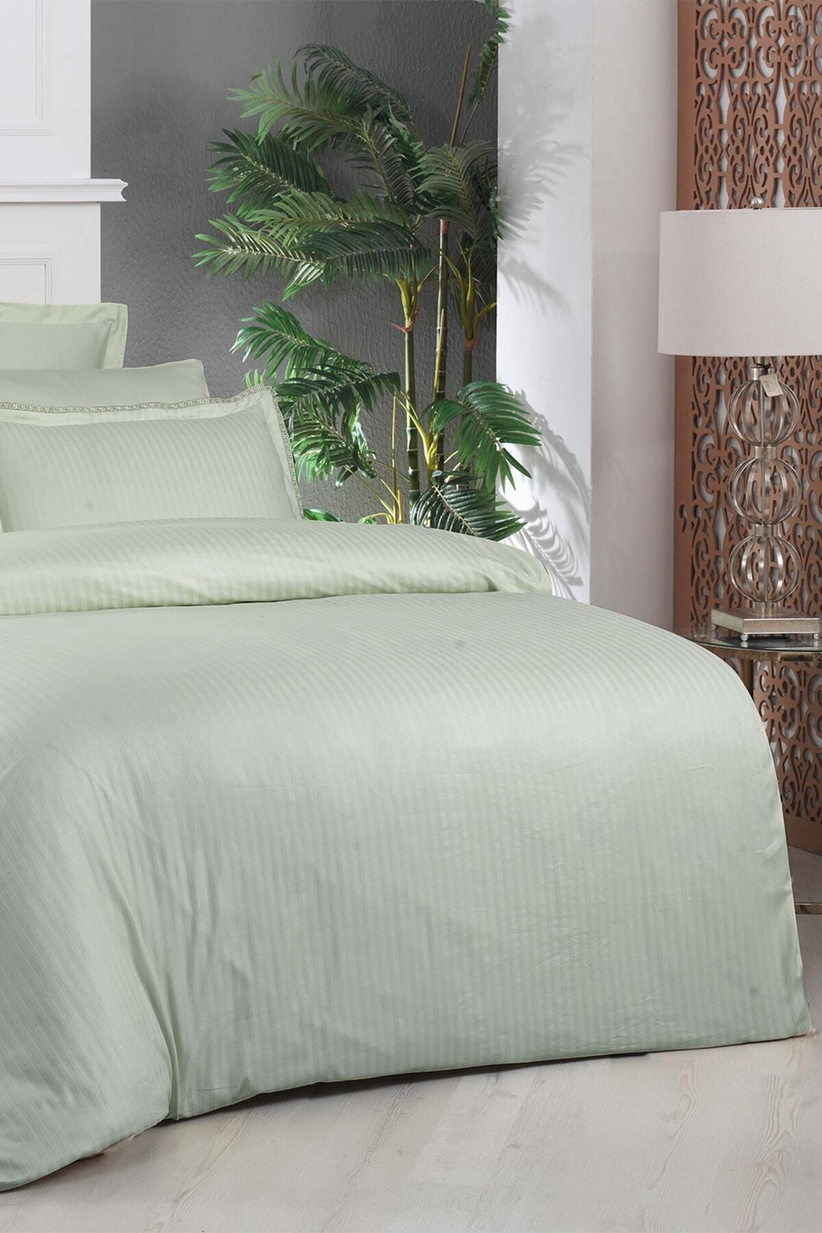 Jacquard Stripe Yeşil Çift Kişilik 260 Tc %100 Pamuk Saten Nevresim Takımı